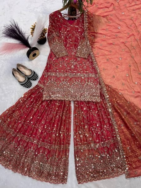 Luxury Pink Crushi Silk Embroidery Sharara Palazzo Set with Dupatta Ready to Wear Ready To Wear Collection