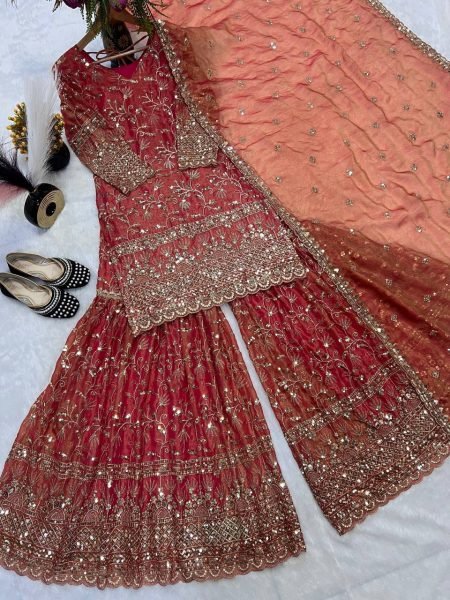 Luxury Pink Crushi Silk Embroidery Sharara Palazzo Set with Dupatta Ready to Wear Ready To Wear Collection