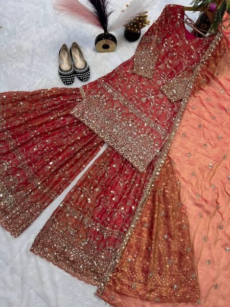 Luxury Pink Crushi Silk Embroidery Sharara Palazzo Set with Dupatta Ready to Wear Ready To Wear Collection