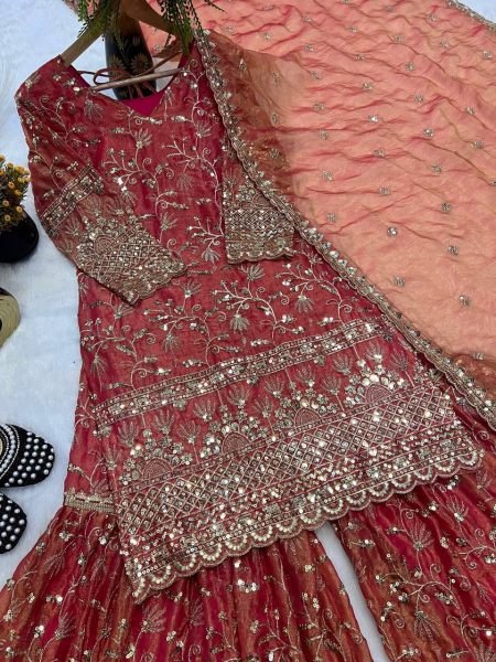 Luxury Pink Crushi Silk Embroidery Sharara Palazzo Set with Dupatta Ready to Wear Ready To Wear Collection