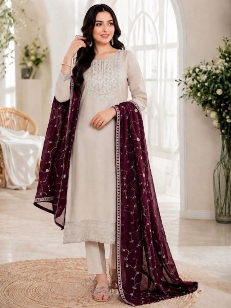 Luxury Roman Silk Embroidered Kurti Pant Set with Vichitra Silk Dupatta for Ladies  Kurtis