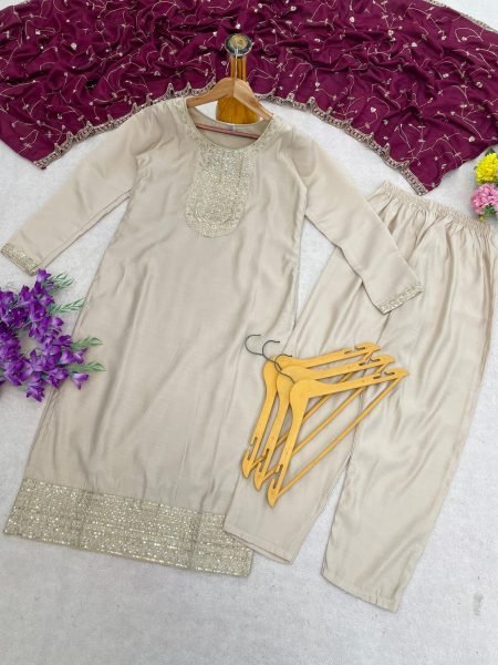 Luxury Roman Silk Embroidered Kurti Pant Set with Vichitra Silk Dupatta for Ladies  Embroidery Kurtis 