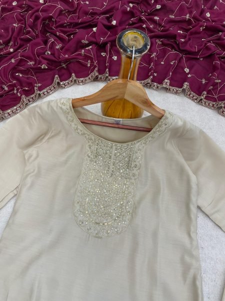 Luxury Roman Silk Embroidered Kurti Pant Set with Vichitra Silk Dupatta for Ladies  Embroidery Kurtis 