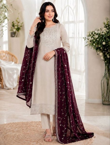 Luxury Roman Silk Embroidered Kurti Pant Set with Vichitra Silk Dupatta for Ladies  Embroidery Kurtis 