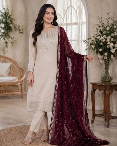Luxury Roman Silk Embroidered Kurti Pant Set with Vichitra Silk Dupatta for Ladies  Embroidery Kurtis 