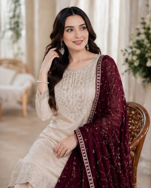 Luxury Roman Silk Embroidered Kurti Pant Set with Vichitra Silk Dupatta for Ladies  Embroidery Kurtis 