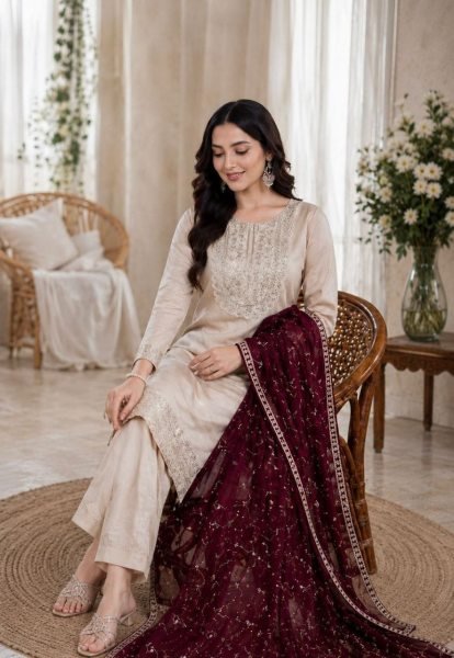 Luxury Roman Silk Embroidered Kurti Pant Set with Vichitra Silk Dupatta for Ladies  Embroidery Kurtis 