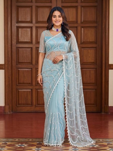 Luxury Sky Blue Saree with Beads and Pearl Work for Wedding Look Sarees 