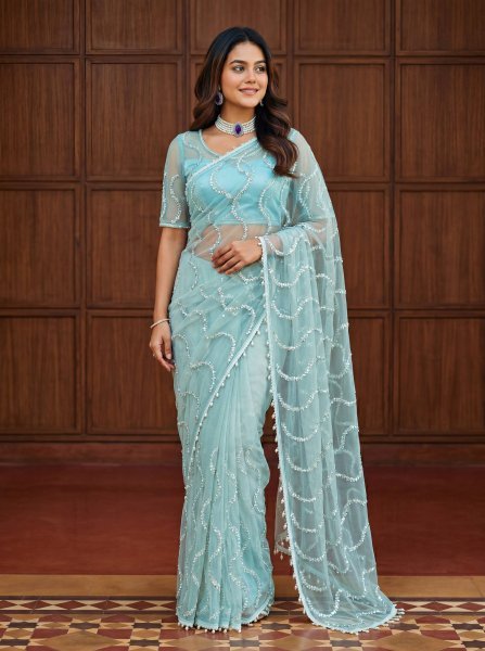 Luxury Sky Blue Saree with Beads and Pearl Work for Wedding Look Net Sarees Wholesale