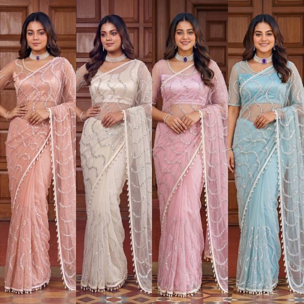 Luxury Sky Blue Saree with Beads and Pearl Work for Wedding Look Net Sarees Wholesale