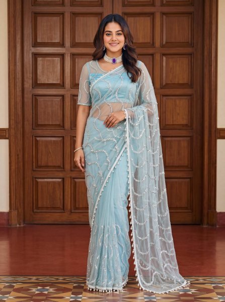Luxury Sky Blue Saree with Beads and Pearl Work for Wedding Look Net Sarees Wholesale