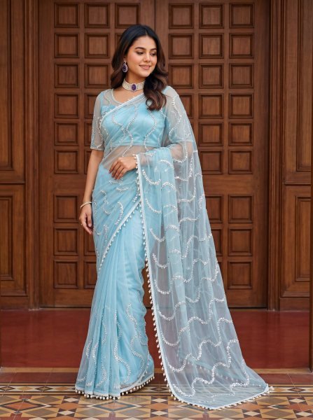 Luxury Sky Blue Saree with Beads and Pearl Work for Wedding Look Net Sarees Wholesale
