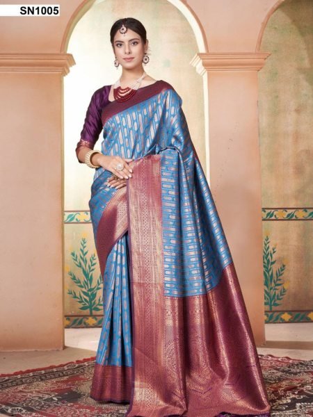 Luxury South Silk Kanjivaram Saree with Heavy Zari Woven Pallu & Blouse Banarasi Saree Wholesale