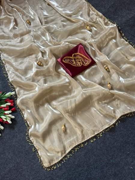 Luxury Space Silk Designer Saree with Traditional Jhumka Moti Lace Work Silk Sarees Wholesale