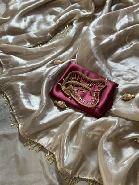 Luxury Space Silk Designer Saree with Traditional Jhumka Moti Lace Work Silk Sarees Wholesale