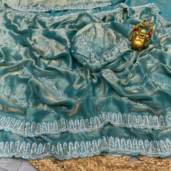 Luxury Space Silk Handwork Saree with Original Beads Work For Party Wear Silk Sarees Wholesale