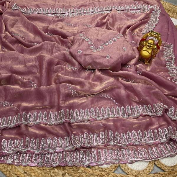 Luxury Space Silk Handwork Saree with Original Beads Work For Party Wear Silk Sarees Wholesale