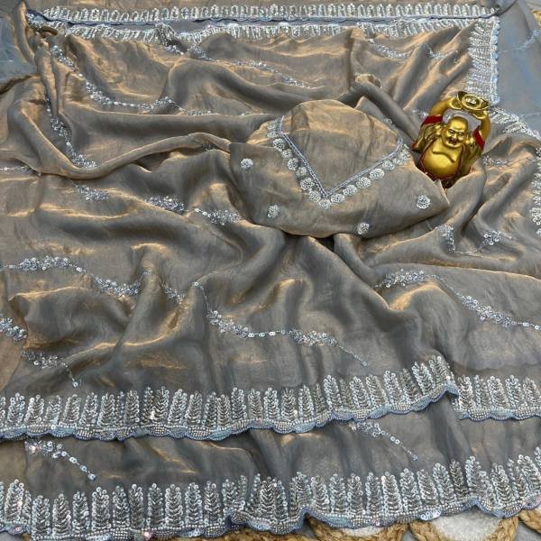 Luxury Space Silk Handwork Saree with Original Beads Work For Party Wear Silk Sarees Wholesale