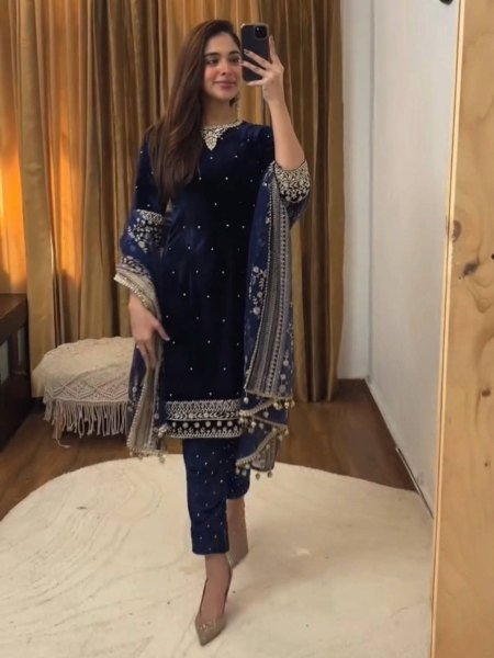 Luxury Velvet Sequins Embroidered Suit Set with Lace Dupatta   Stitched Pant for Reception Look Ready To Wear Suit