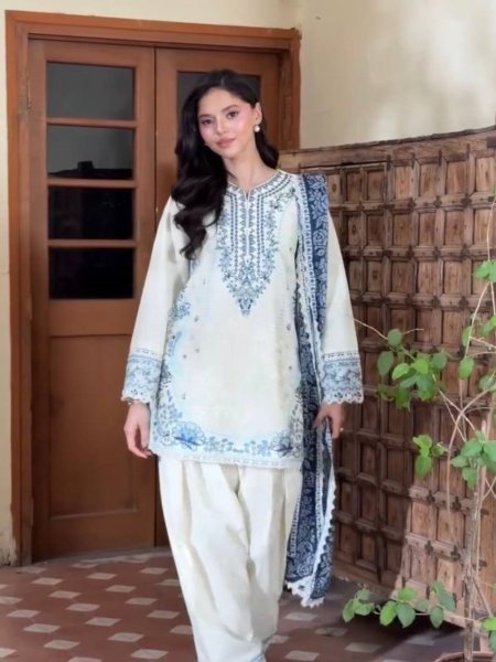 Luxury White Blue Pure Satin Rayon Farshi Palazzo Set with Embroidered Collection Ready To Wear Suit