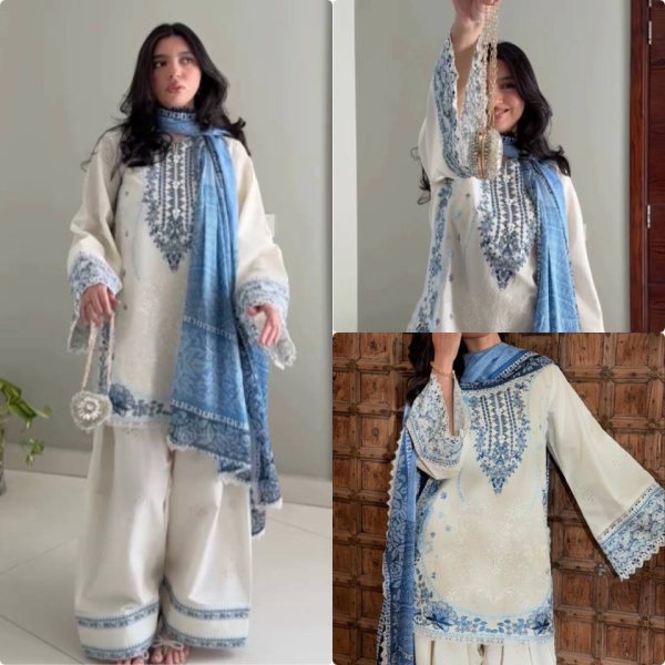 Luxury White Blue Pure Satin Rayon Farshi Palazzo Set with Embroidered Collection Ready To Wear Collection