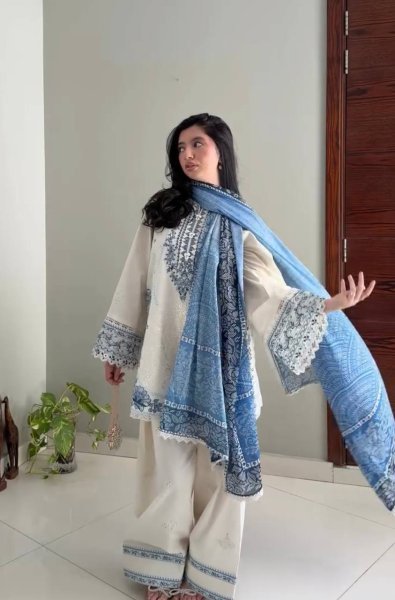 Luxury White Blue Pure Satin Rayon Farshi Palazzo Set with Embroidered Collection Ready To Wear Collection