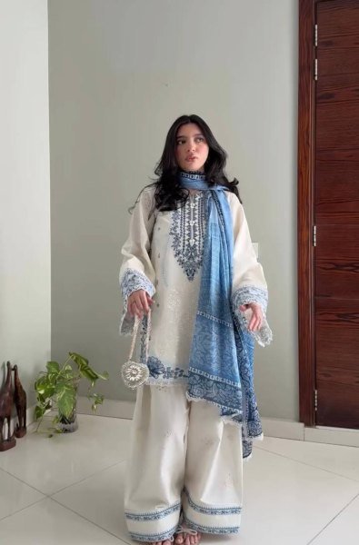 Luxury White Blue Pure Satin Rayon Farshi Palazzo Set with Embroidered Collection Ready To Wear Collection