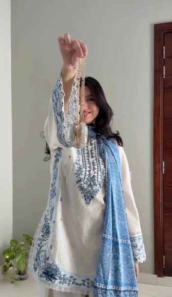 Luxury White Blue Pure Satin Rayon Farshi Palazzo Set with Embroidered Collection Ready To Wear Collection