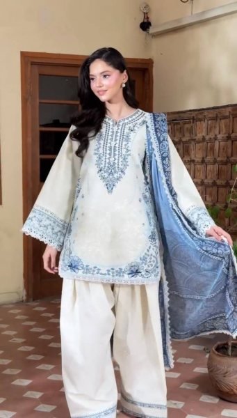 Luxury White Blue Pure Satin Rayon Farshi Palazzo Set with Embroidered Collection Ready To Wear Collection