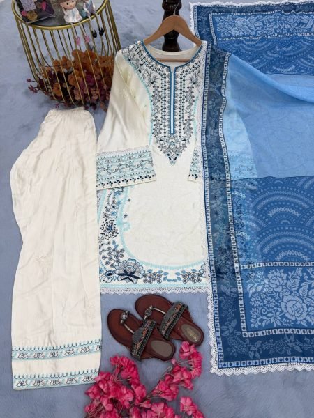 Luxury White Blue Pure Satin Rayon Farshi Palazzo Set with Embroidered Collection Ready To Wear Collection