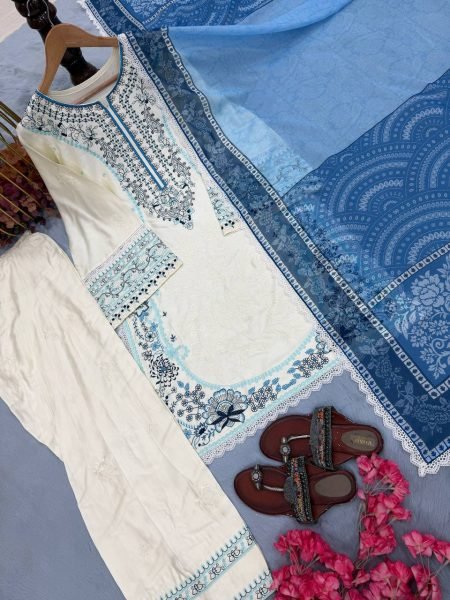 Luxury White Blue Pure Satin Rayon Farshi Palazzo Set with Embroidered Collection Ready To Wear Collection