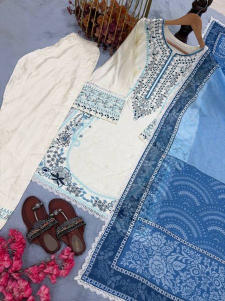 Luxury White Blue Pure Satin Rayon Farshi Palazzo Set with Embroidered Collection Ready To Wear Collection