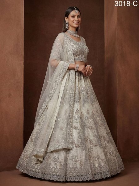 Luxury White Net Lehenga with Stone Embellishments for Reception Wear  Lehenga