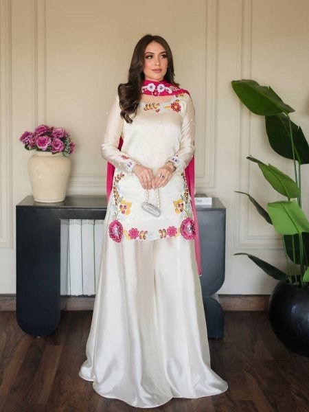 Luxury White Roman Silk Heavy Embroidered Sharara Suit with Moti Work Dupatta 