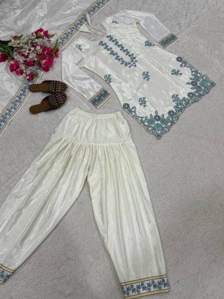 Luxury White Silk Farshi Salwar Kurta Set for Festive Collection Ready To Wear Collection