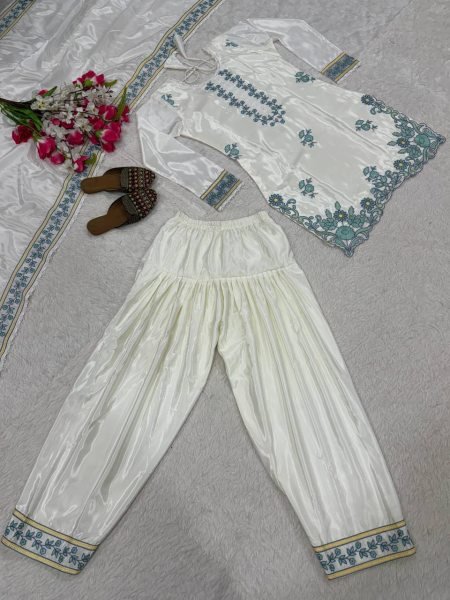Luxury White Silk Farshi Salwar Kurta Set for Festive Collection Ready To Wear Collection