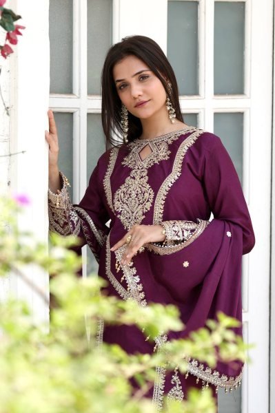 Luxury Wine Silk Suit For Girls Trendy And Stylish Suit  Ready To Wear Collection