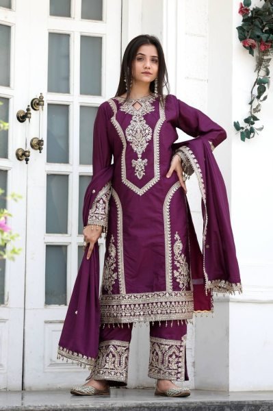Luxury Wine Silk Suit For Girls Trendy And Stylish Suit  Ready To Wear Collection