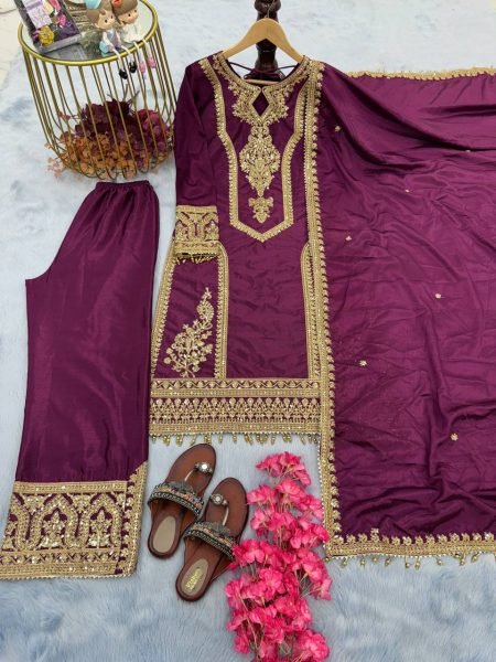 Luxury Wine Silk Suit For Girls Trendy And Stylish Suit  Ready To Wear Collection