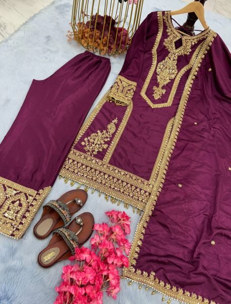 Luxury Wine Silk Suit For Girls Trendy And Stylish Suit  Ready To Wear Collection