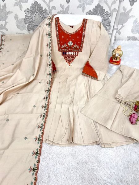 Luxury Women's Cream Roman Cotton Blend Embroidered Patchwork Kurti Pant Set with Premium Designer Dupatta  Kurtis