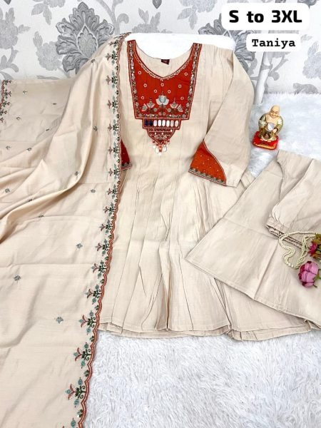 Luxury Women's Cream Roman Cotton Blend Embroidered Patchwork Kurti Pant Set with Premium Designer Dupatta  Embroidery Kurtis 