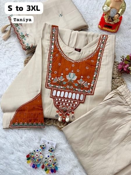 Luxury Women's Cream Roman Cotton Blend Embroidered Patchwork Kurti Pant Set with Premium Designer Dupatta  Embroidery Kurtis 