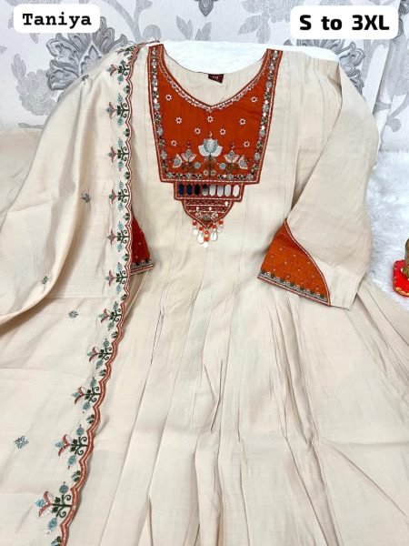 Luxury Women's Cream Roman Cotton Blend Embroidered Patchwork Kurti Pant Set with Premium Designer Dupatta  Embroidery Kurtis 