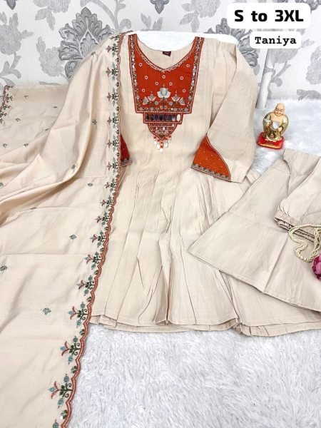 Luxury Women's Cream Roman Cotton Blend Embroidered Patchwork Kurti Pant Set with Premium Designer Dupatta  Embroidery Kurtis 