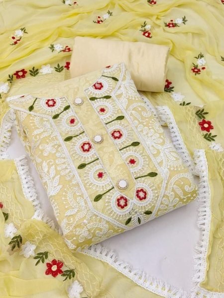 Sunshine Royal Yellow Chanderi Embroidered Suit with Crape Bottom & Naznin Dupatta Dress Material 
