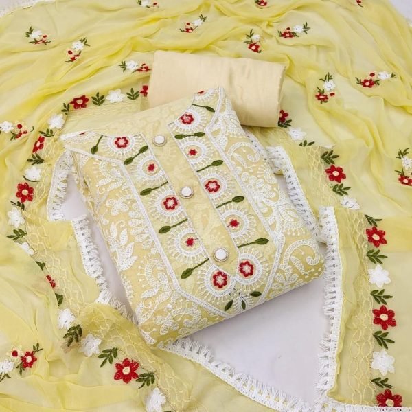 Sunshine Royal Yellow Chanderi Embroidered Suit with Crape Bottom & Naznin Dupatta Color Set Matching Dress Material Wholesale