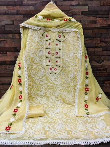 Sunshine Royal Yellow Chanderi Embroidered Suit with Crape Bottom & Naznin Dupatta Color Set Matching Dress Material Wholesale