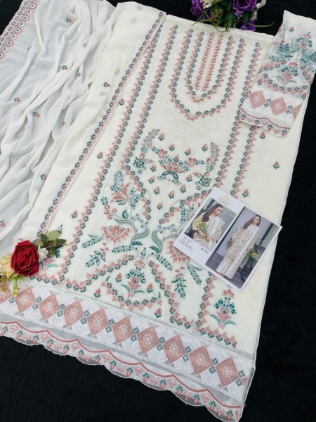 Maaria A Luxury Pakistani Suit Faux Georgette Embroidery with Santoon Bottom and Dupatta Pakistani Suits Wholesale