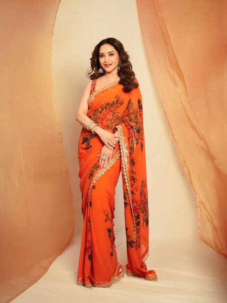 Madhuri Dixit Inspired Orange Floral Georgette Saree with Handcrafted Border Kurtis